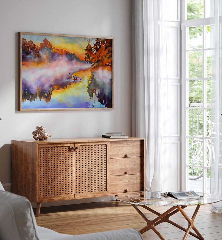 PADDLING IN THE MIST , LANDSCAPE PAINTINGS