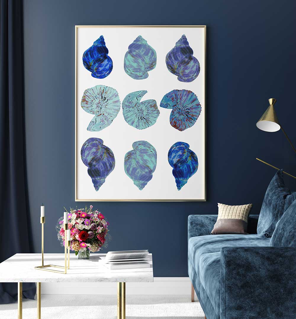 Vibrant BLUE SEA SHELLS, BEACH PAINTINGS adorn a stylish living room, bringing coastal beauty to your home decor.