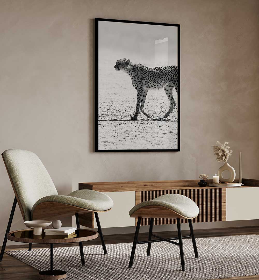 Framed SILENT PURSUIT , ANIMAL PAINTINGS black-and-white cheetah print in a minimalist living room setting