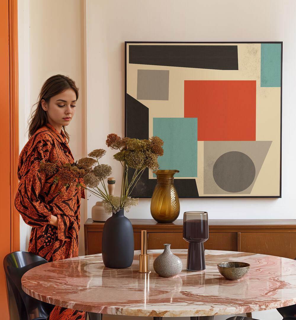 Stylish interior featuring GEOMETRIC POINT II, GEOMETRIC ART PRINTS by The Miuus Studio, enhancing modern decor.