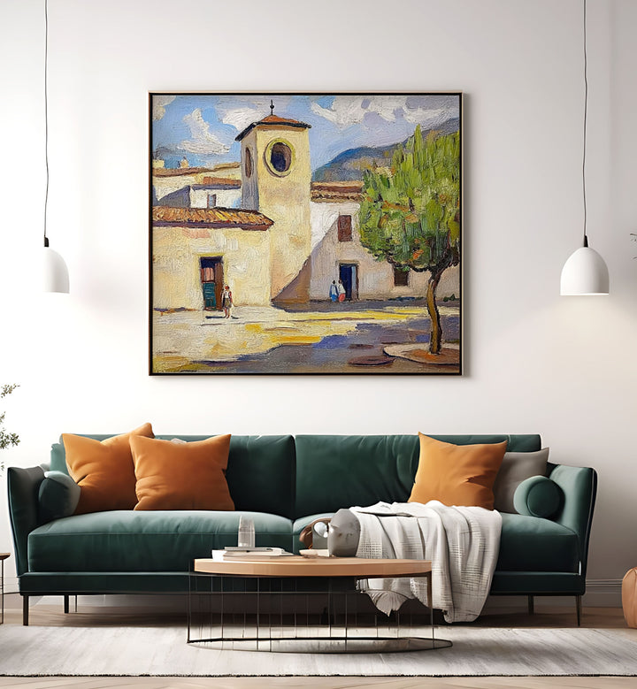 Vibrant painting of a TOWN IN SPAIN showcasing its picturesque architecture and sunlit streets. Perfect for any decor.