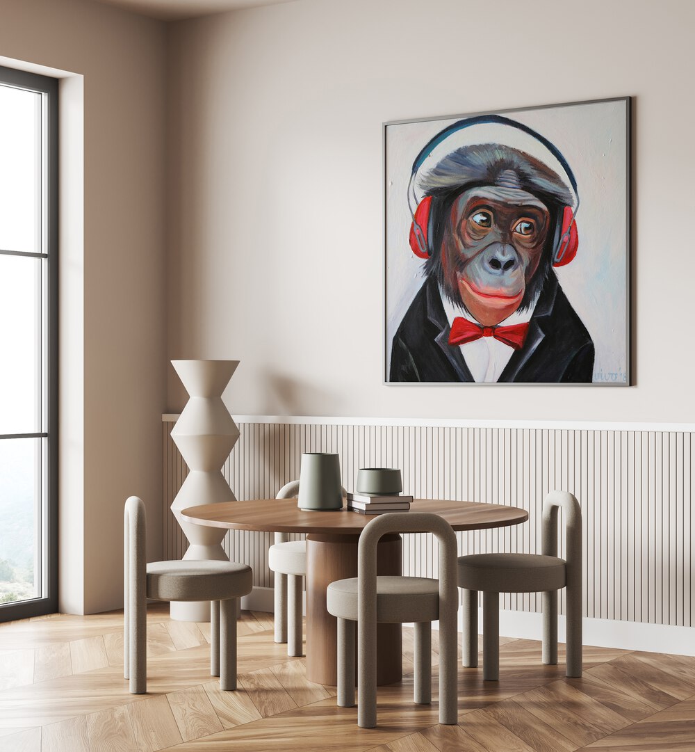 Stylish interior featuring GROOVY PRIMATE TUNES, COMIC POSTERS, showcasing vibrant comic art and personality.