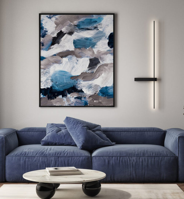Stunning ABSTRACT PAINTING VI displayed above a modern couch, showcasing vibrant colors, perfect for enhancing spaces.