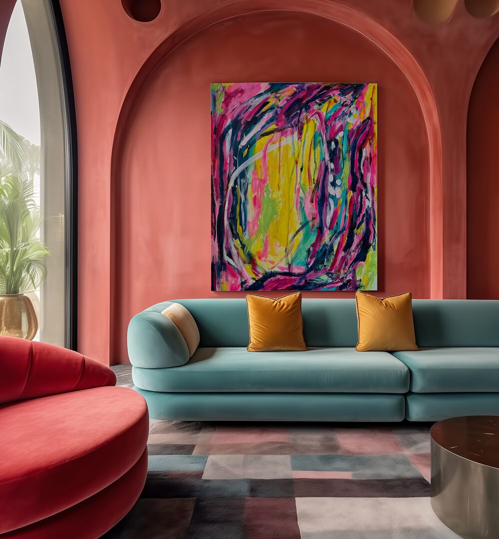 Vibrant living space featuring PINK DREAMS, ABSTRACT PAINTINGS, adding a touch of creativity and inspiration.