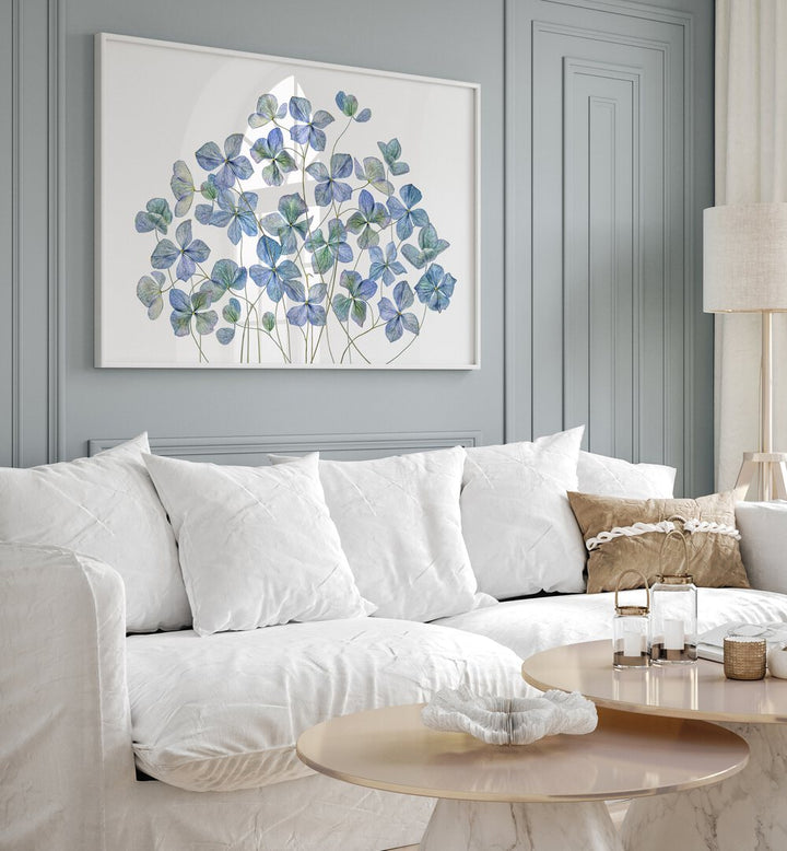 Vibrant HYDRANGEA, FLORAL FLOWER PAINTINGS enhancing a modern living space with elegance and charm.