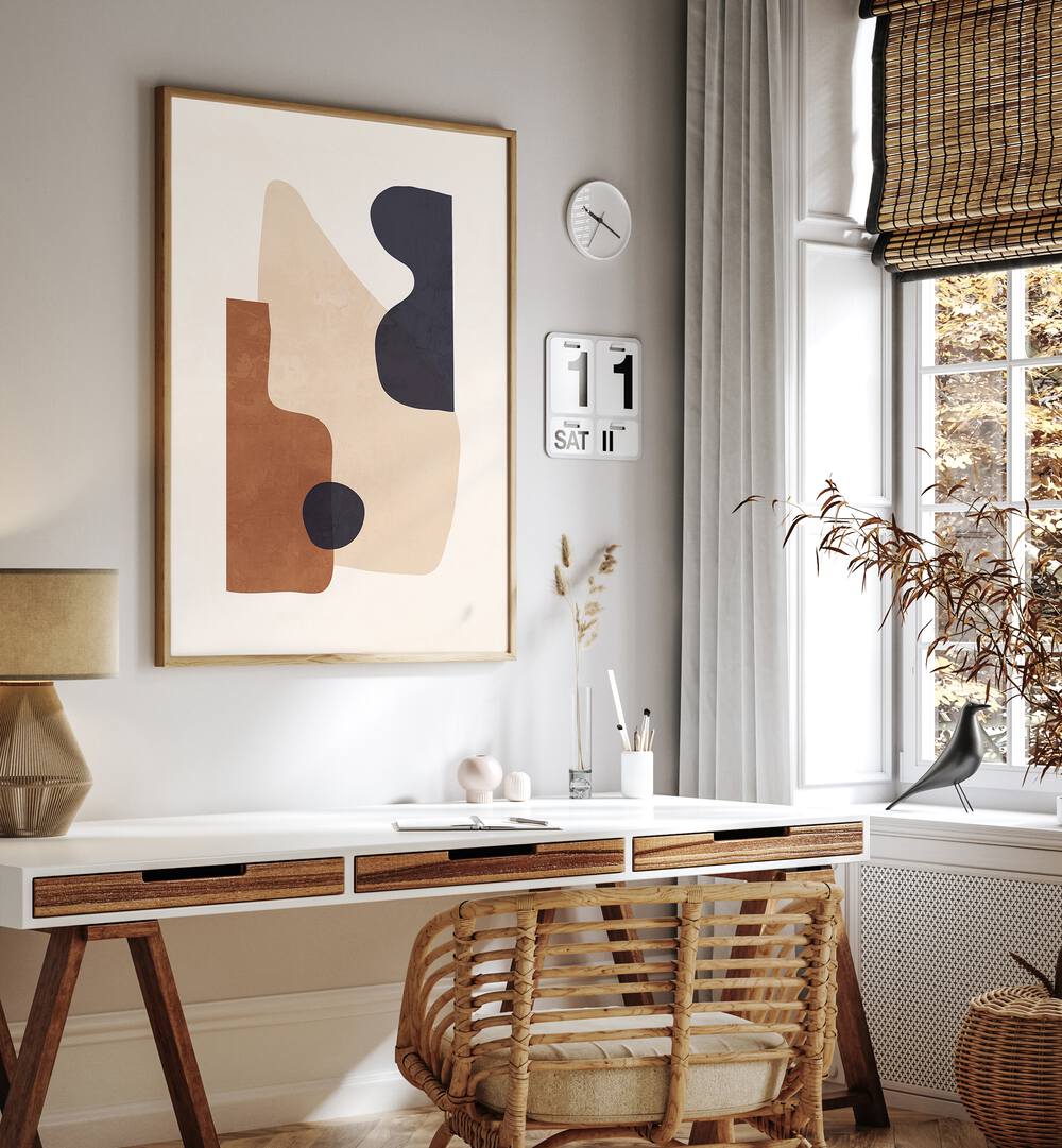 Stylish interior featuring ABSTRACT MINIMAL SHAPES III, GEOMETRIC ART PRINTS, adding modern sophistication to the space.