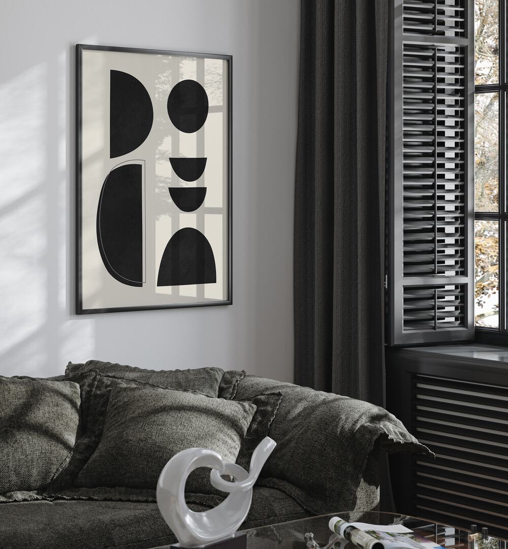 Stylish living room featuring EXPRESSIVE III, GEOMETRIC ART PRINTS, enhancing modern decor with unique shapes.