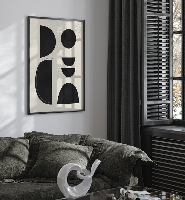Stylish living room featuring EXPRESSIVE III, GEOMETRIC ART PRINTS, enhancing modern decor with unique shapes.