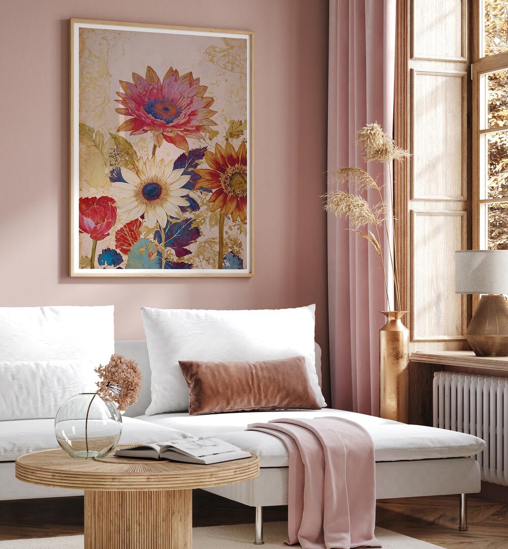 Brightly colored VINTAGE FLOWERS, FLORAL FLOWER PAINTINGS enhance a cozy living space with nature's beauty.