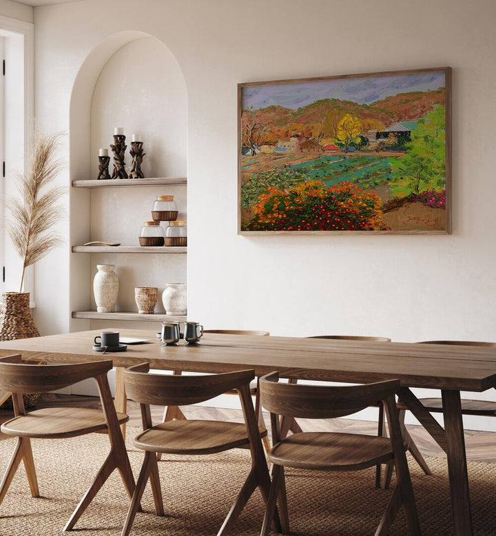Bright and colorful CHRYSANTHEMUM VILLAGE, LANDSCAPE PAINTINGS enhancing a modern dining space.