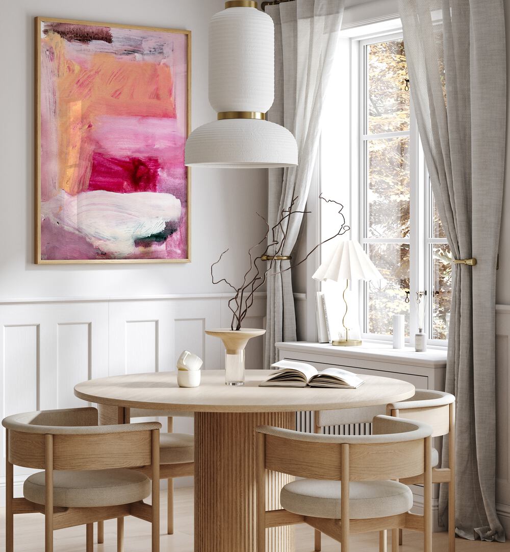 Stylish interior featuring CREAM FILLING, ABSTRACT PAINTINGS on the wall, enhancing the modern dining space.