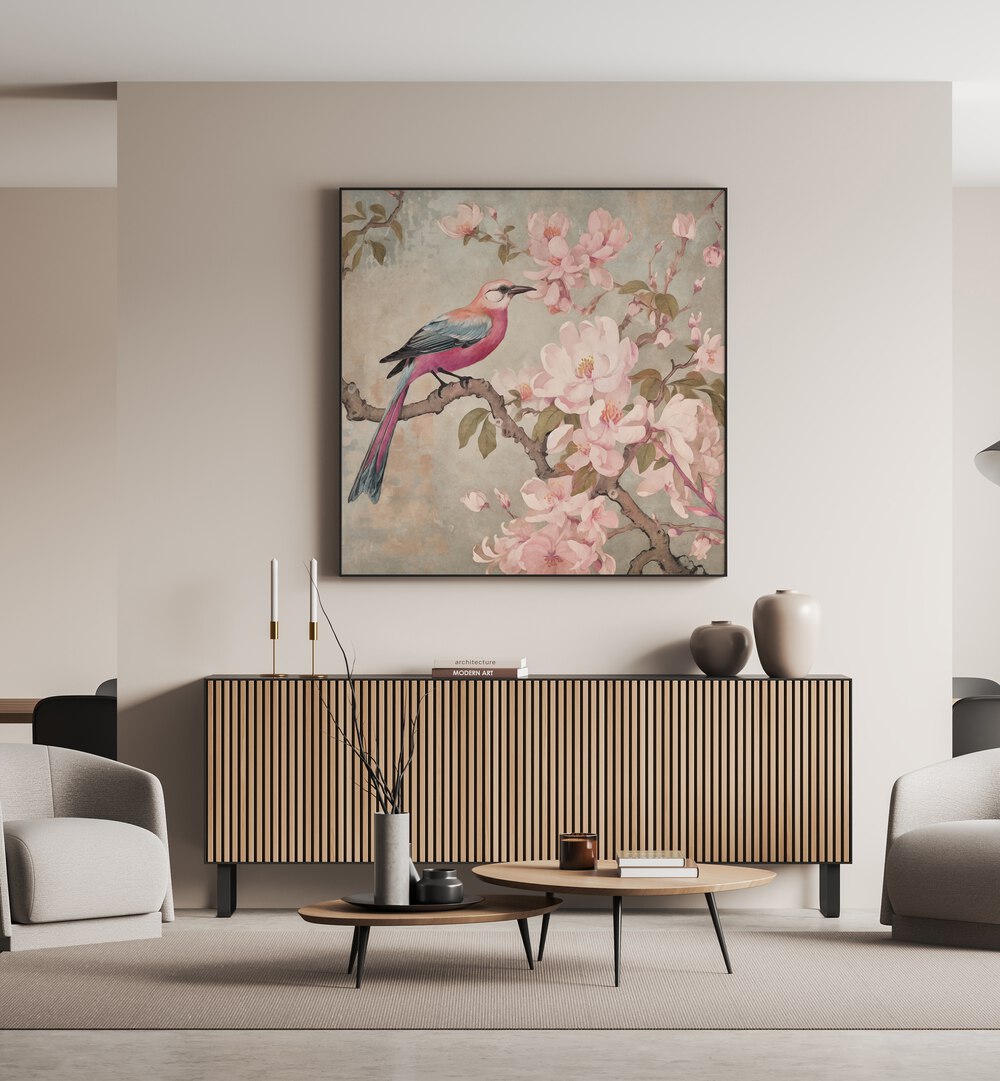 Vibrant SPRING BIRD NOSTALGIA, ANIMAL PAINTINGS artwork by Andrea Haase, showcasing nature's beauty in a serene setting.