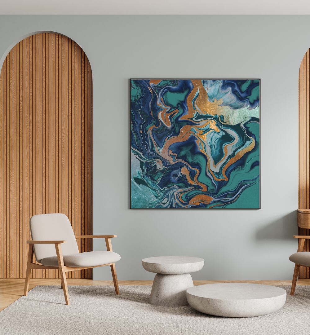 Stylish interior featuring DRAMAQUEEN MARBLE GREEN, ABSTRACT PAINTINGS, enhancing contemporary decor with elegance.