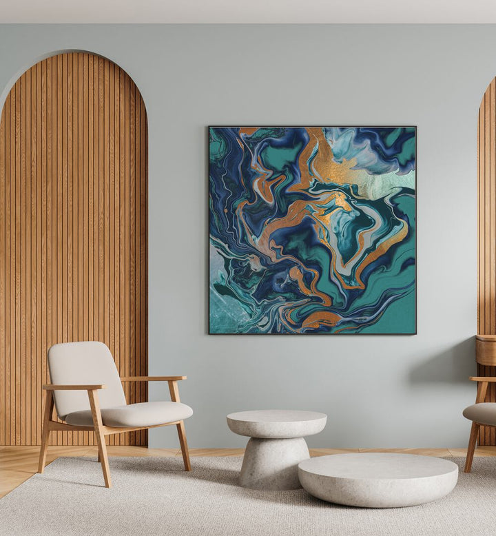 Stylish interior featuring DRAMAQUEEN MARBLE GREEN, ABSTRACT PAINTINGS, enhancing contemporary decor with elegance.