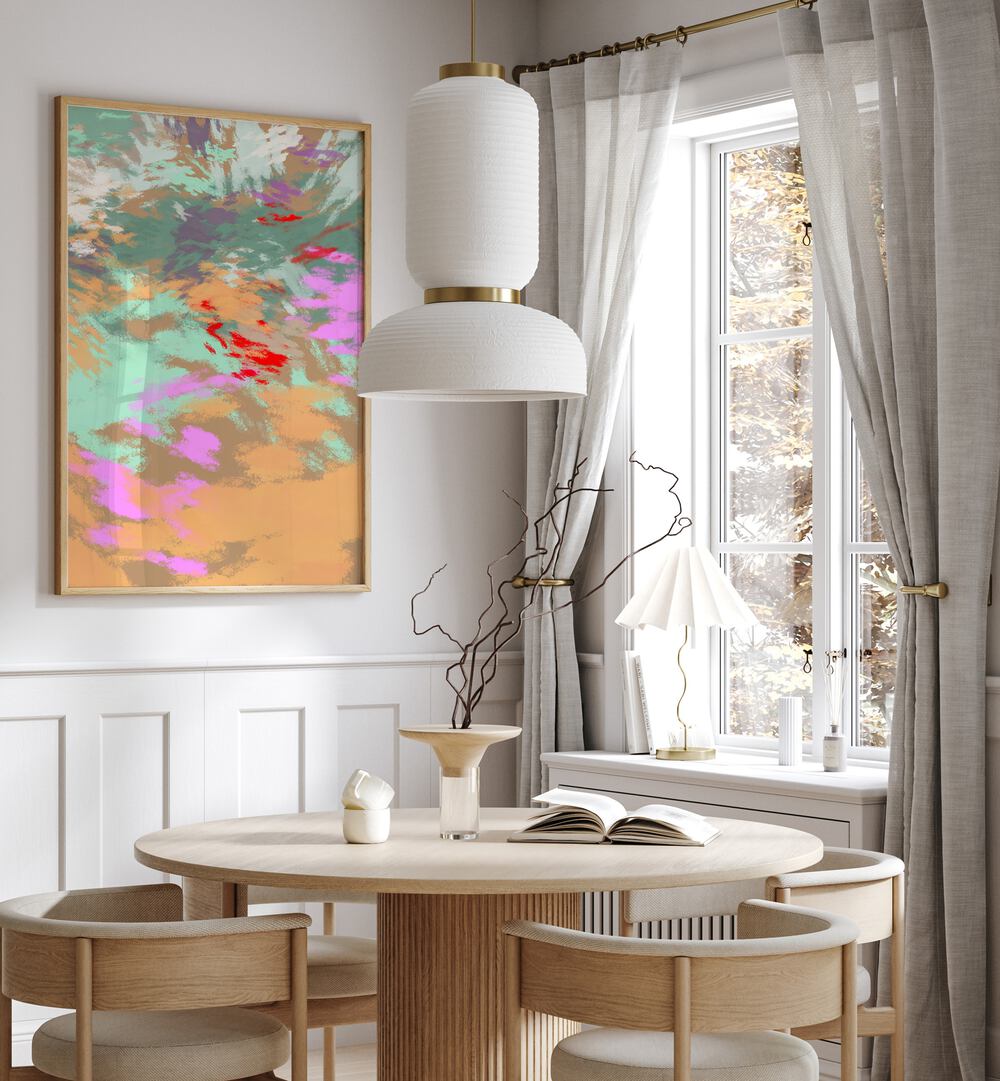 Bright and colorful LAZY SUMMER DAYS II, ABSTRACT PAINTINGS, enhancing a cozy dining space with a vibrant touch.