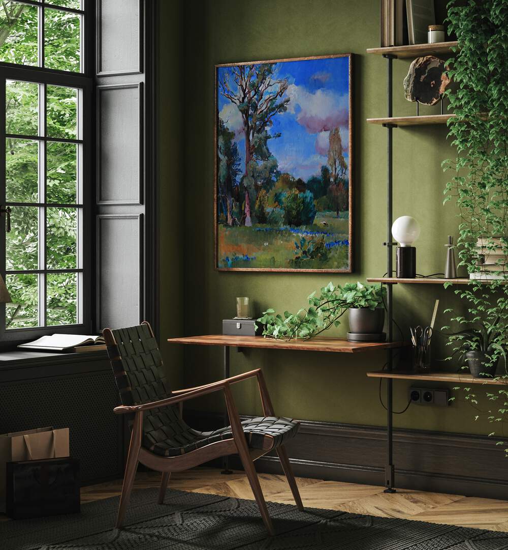 Lush green meadow landscape painting, part of the IN THE MEADOW, LANDSCAPE PAINTINGS collection, enhancing your decor.