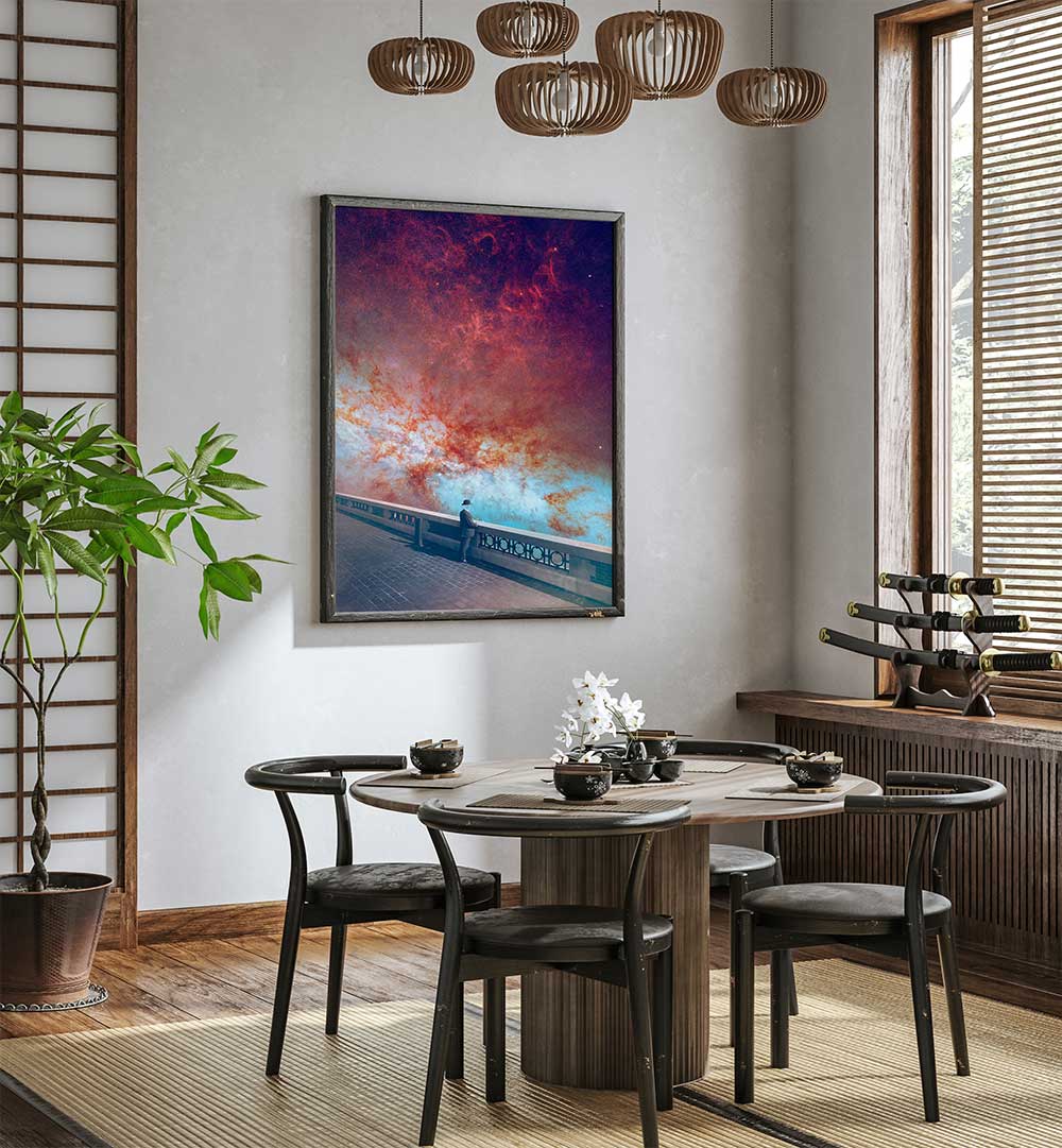 Stylish dining area featuring MY-SPACE, SURREAL ART PRINTS that enhance the modern aesthetic of the space.