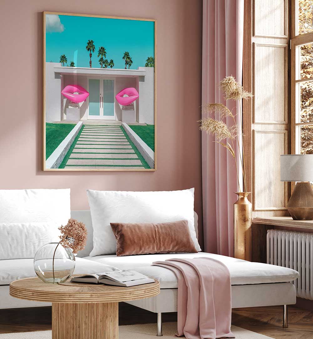 MID-CENTURY MODERN HOUSE WITH PINK LIPS , PHOTOGRAPHY PRINTS