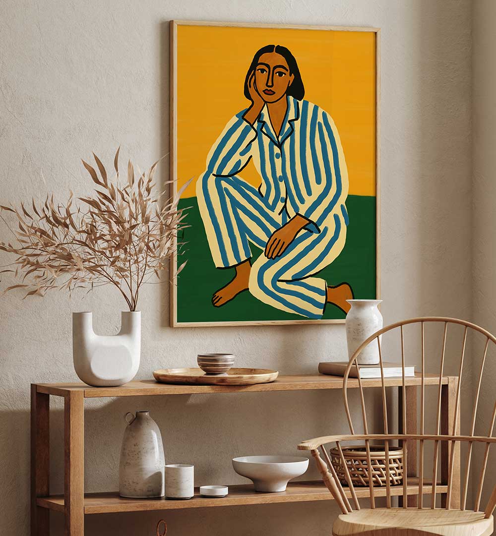 WOMAN IN STRIPED PAJAMAS , PORTRAITS & FIGURATIVE ILLUSTRATIONS