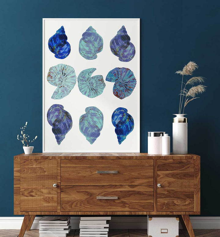Vibrant BLUE SEA SHELLS, BEACH PAINTINGS bring coastal beauty to your home decor, perfect for beach lovers.