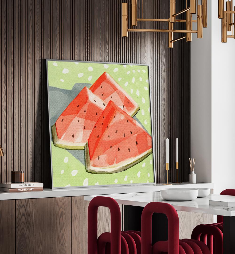 Brightly colored WATERMELON II, KITCHEN POSTERS enhance modern kitchen decor with vibrant fruit art. Perfect for summer vibes!