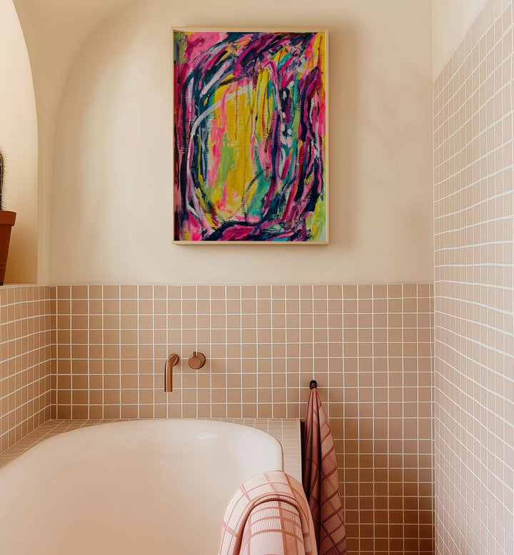 Vibrant PINK DREAMS, ABSTRACT PAINTINGS enliven a stylish bathroom, adding creativity and charm to your space.