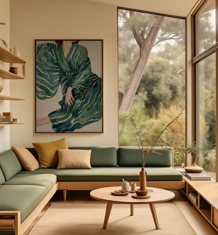 Stylish living room featuring FIGURATIVE WOMAN NO.II, PORTRAITS, a vibrant abstract painting capturing femininity.