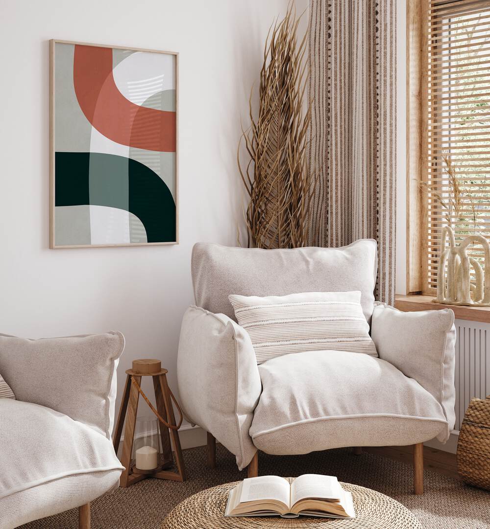 Stylish living room featuring UNDULATING CURVES XI, GEOMETRIC ART PRINTS, enhancing modern decor with elegant lines.