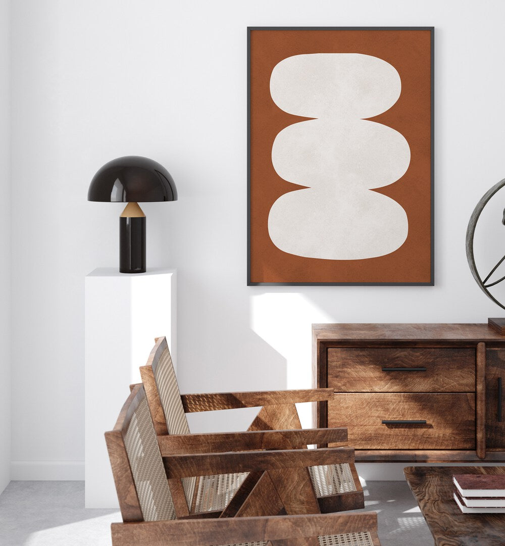 Stylish living room featuring TRIBAL II, GEOMETRIC ART PRINTS, blending modern and traditional aesthetics.