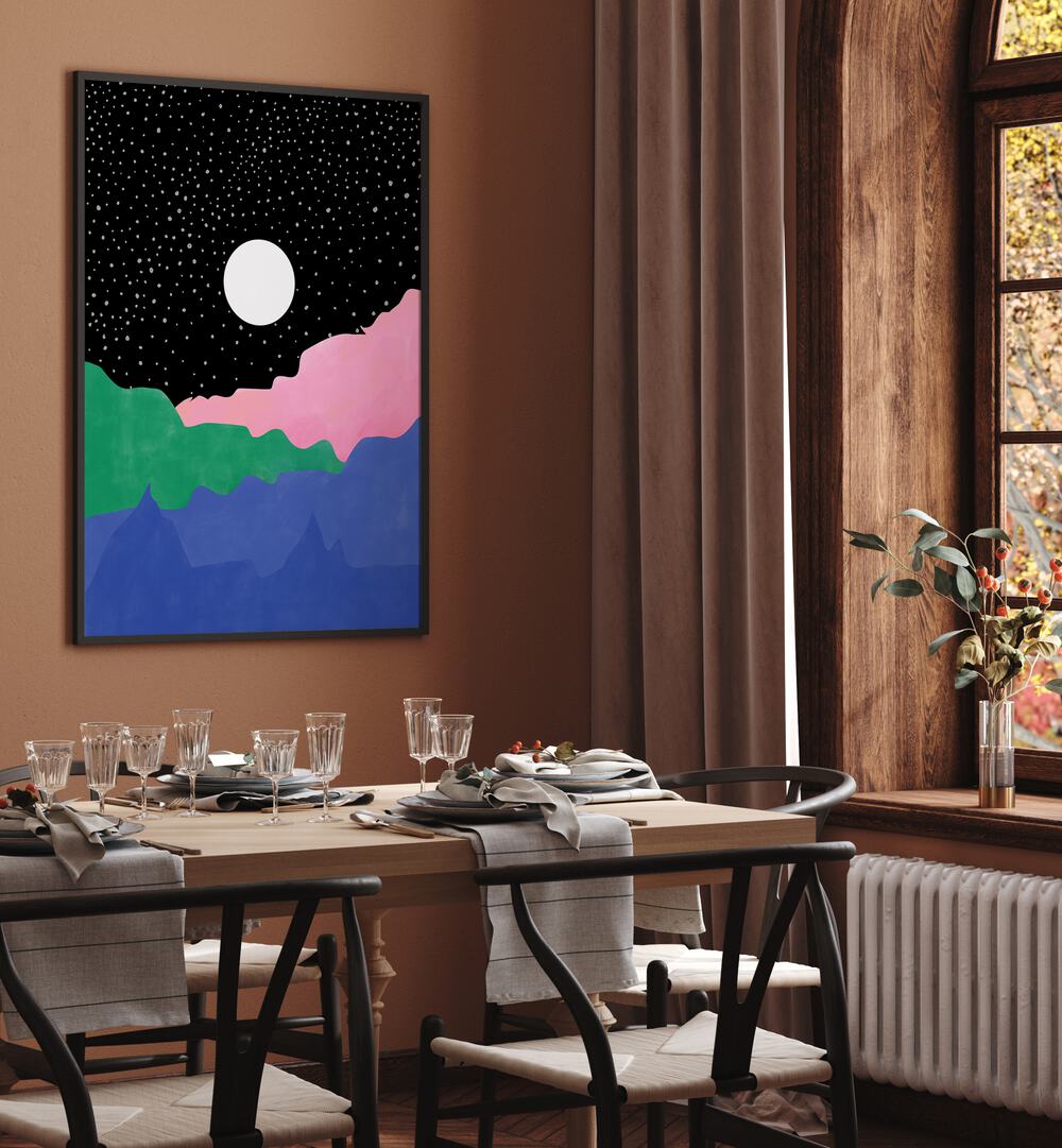 Stunning MOON, LANDSCAPE PAINTINGS by Elena Ristova, showcasing a vibrant night sky and tranquil mountains.