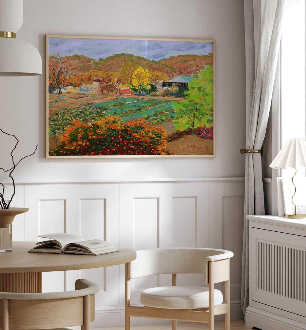 Vibrant CHRYSANTHEMUM VILLAGE, LANDSCAPE PAINTINGS adding color to a modern home interior with natural light.