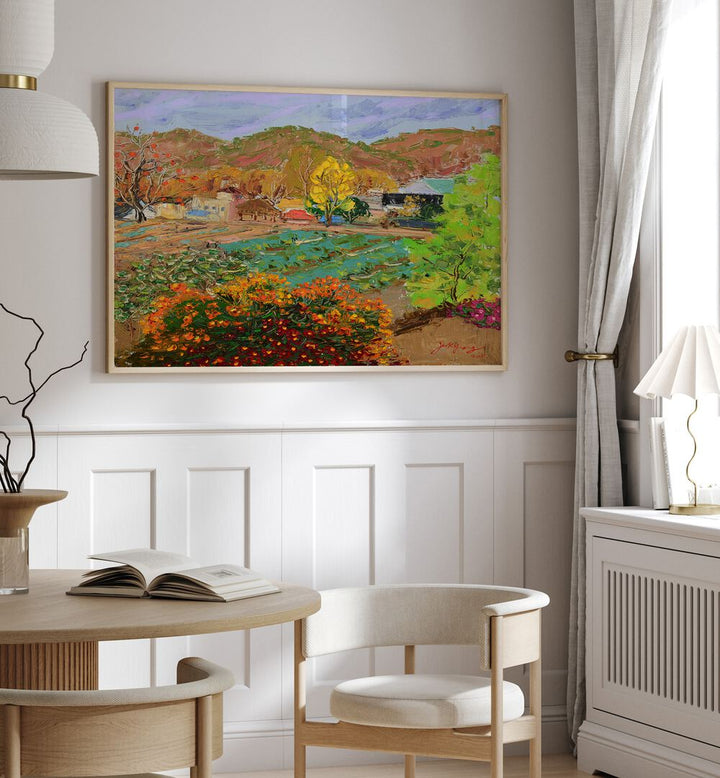 Vibrant CHRYSANTHEMUM VILLAGE, LANDSCAPE PAINTINGS adding color to a modern home interior with natural light.