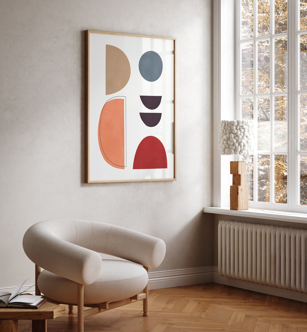 Bright and modern interior showcasing EXPRESSIVE IV, GEOMETRIC ART PRINTS with elegant circles and vibrant colors.