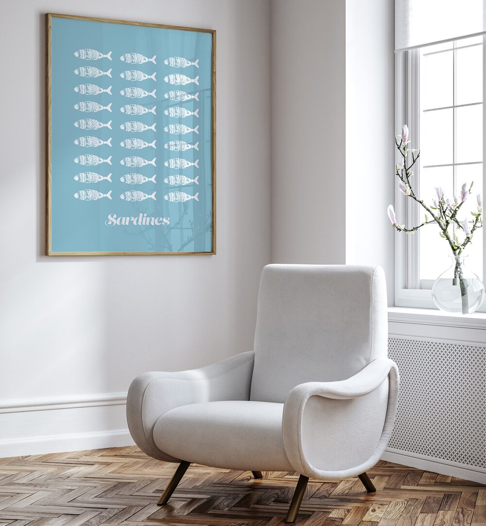 SARDINES WHITE, BEACH PAINTINGS adorn a stylish room, capturing coastal charm with vibrant fish art prints.