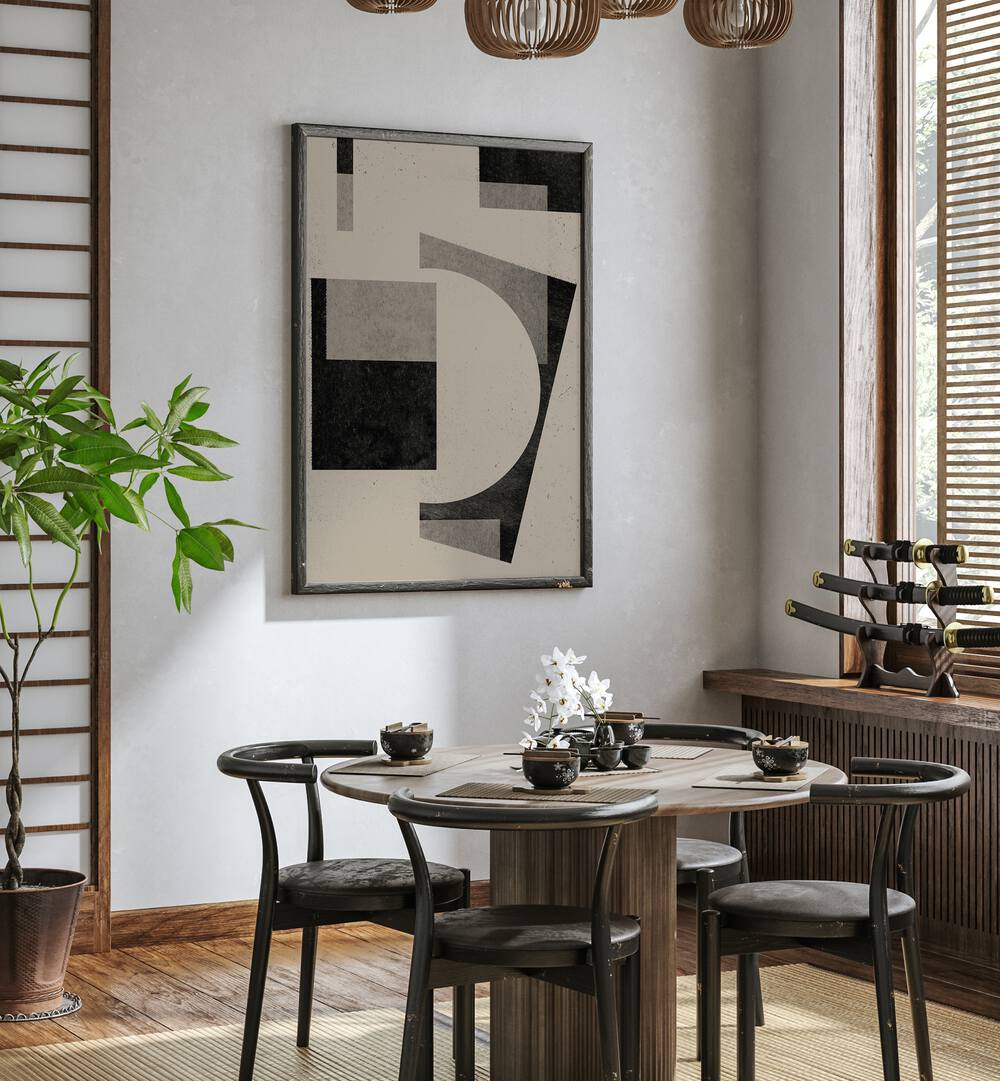 Stylish dining area featuring PAPER CUT NO.V, GEOMETRIC ART PRINTS, enhancing creativity and elegance in home decor.