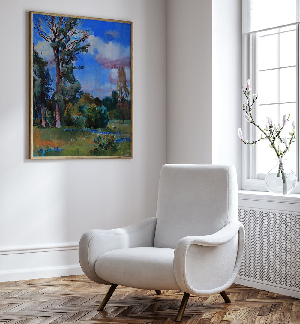 Lush greenery and vibrant skies in IN THE MEADOW, LANDSCAPE PAINTINGS enhance any home decor beautifully.