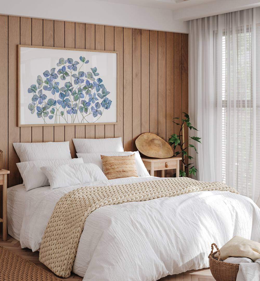 Lifelike HYDRANGEA, FLORAL FLOWER PAINTINGS adorn a cozy bedroom, adding elegance and charm to the decor.