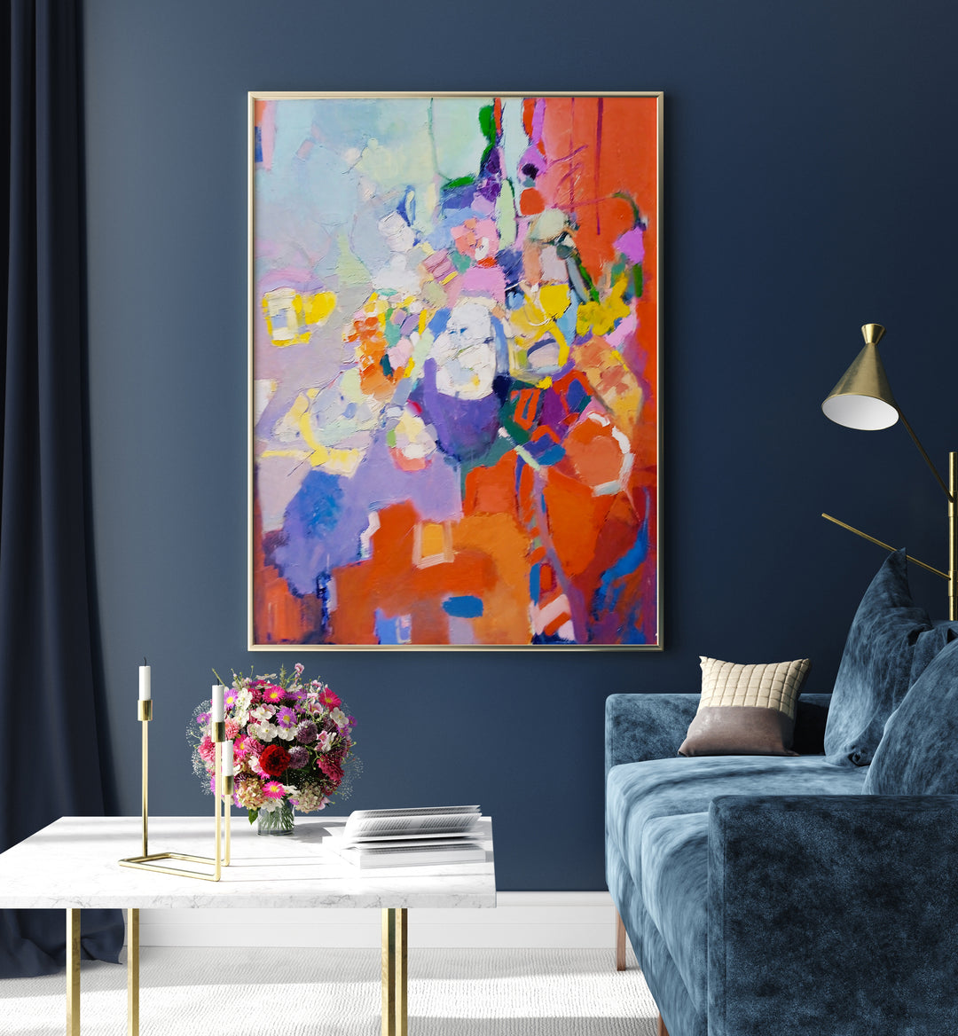 Stylish living room featuring an ORIGINAL RUG and vibrant ABSTRACT PAINTINGS for a luxurious decor transformation.