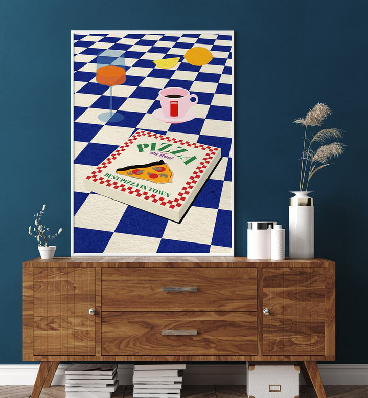 Colorful artwork featuring THE ITALIAN MENU, BAR & CAFE ART, showcasing Italian culinary delights and vibrant table setting.