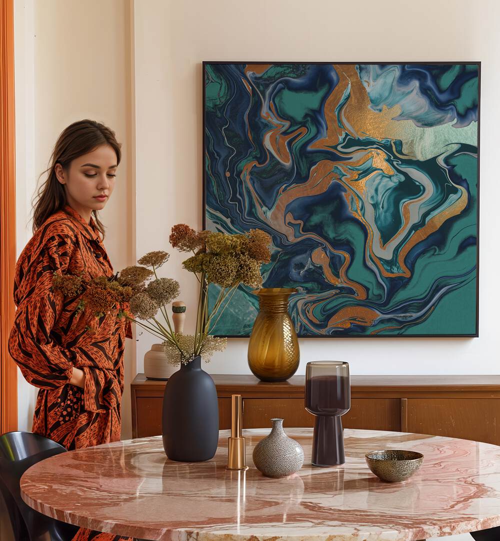 Sophisticated DRAMAQUEEN MARBLE GREEN, ABSTRACT PAINTINGS complement a stylish interior with captivating abstract art.
