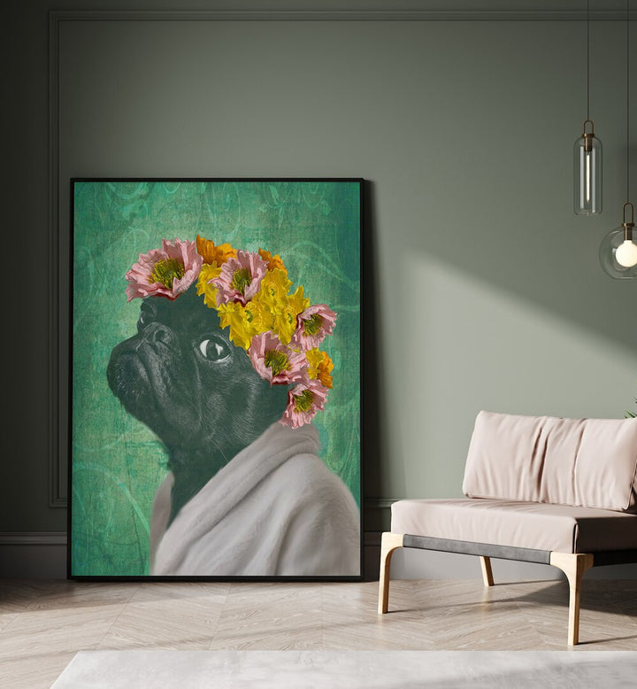 Charming Pug Portrait with flowers, perfect for dog lovers and stylish decor. Ideal for fashion posters collection.