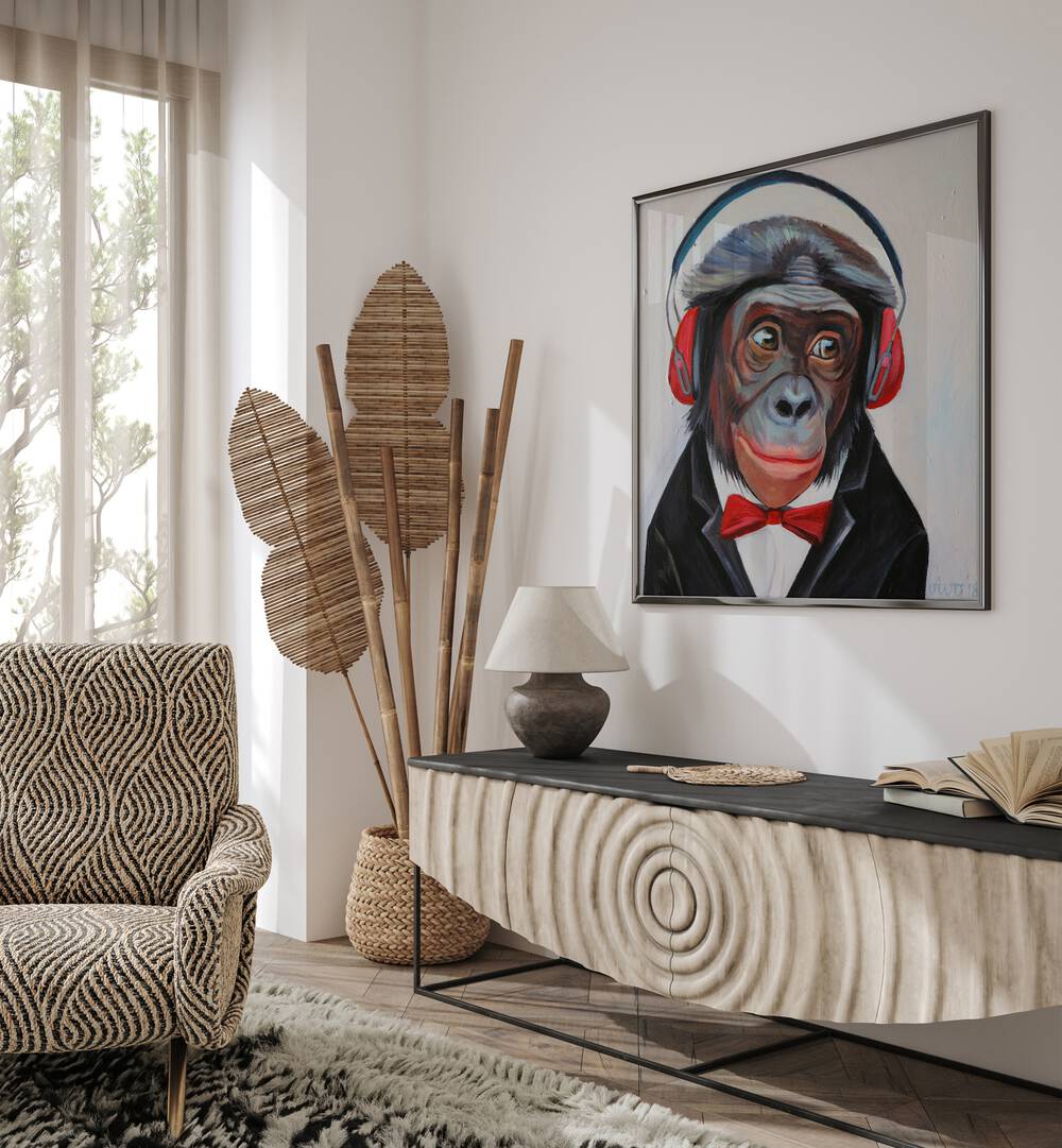 Vibrant GROOVY PRIMATE TUNES, COMIC POSTERS displayed in a stylish living room, perfect for comic enthusiasts.