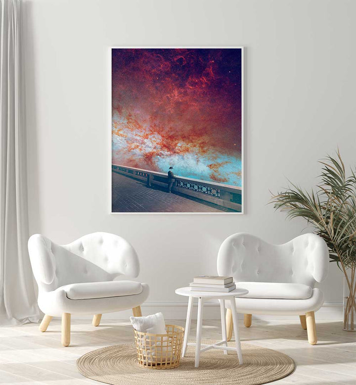 Surreal art print titled "MY-SPACE" enhances a modern living room with vibrant cosmic imagery.