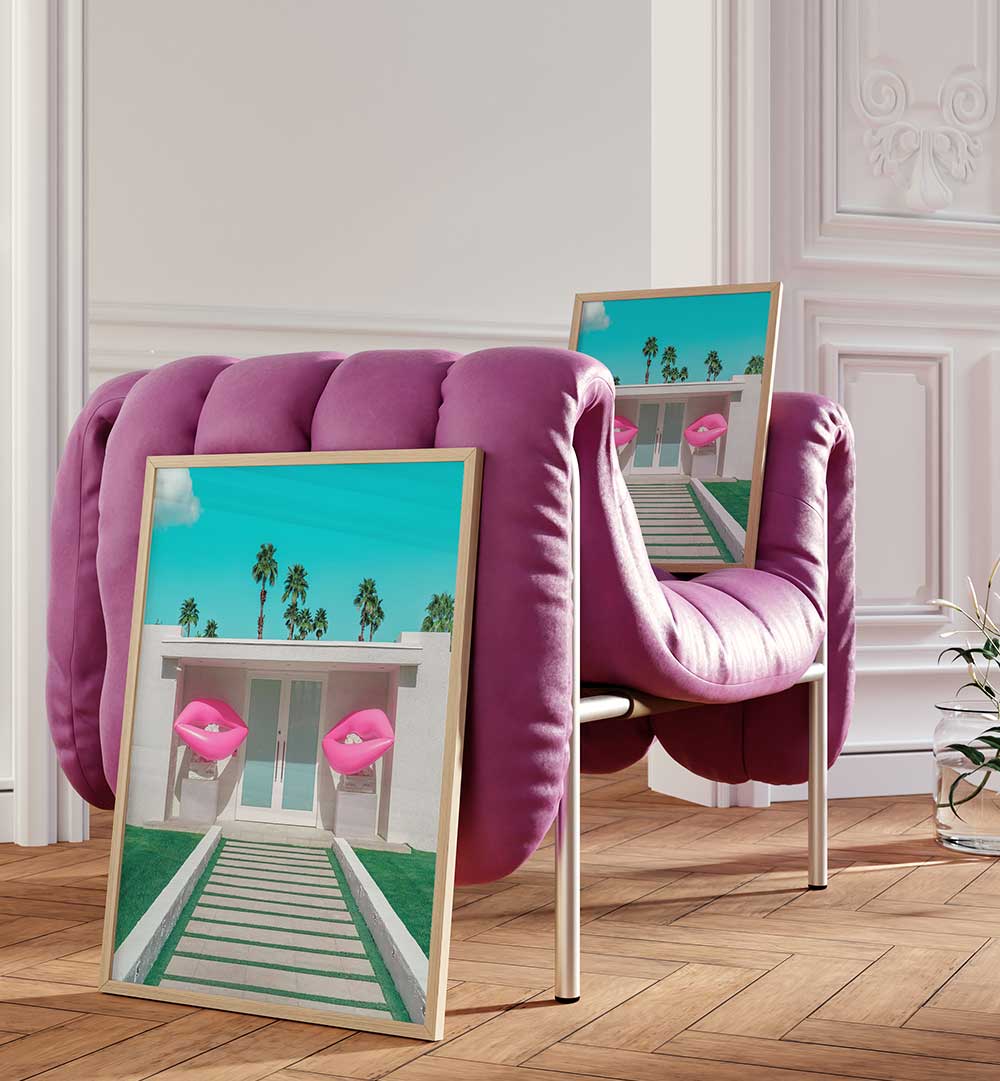 MID-CENTURY MODERN HOUSE WITH PINK LIPS , PHOTOGRAPHY PRINTS