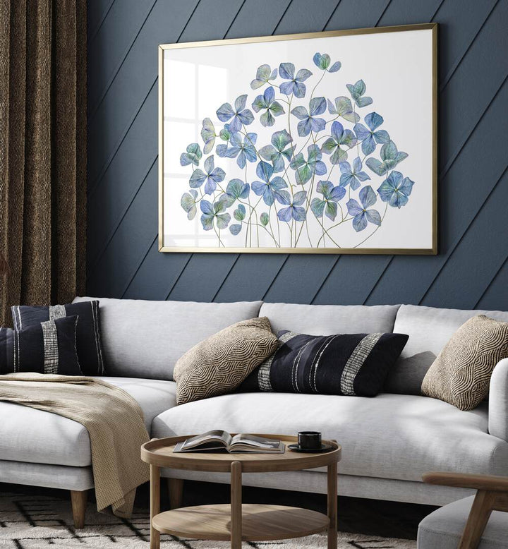 Beautiful HYDRANGEA, FLORAL FLOWER PAINTINGS adorn a stylish living room, adding elegance and charm to the decor.