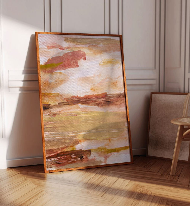 Elegant DESERT SKIES , ABSTRACT PAINTINGS in warm tones, beautifully framed, enhancing modern home aesthetics.