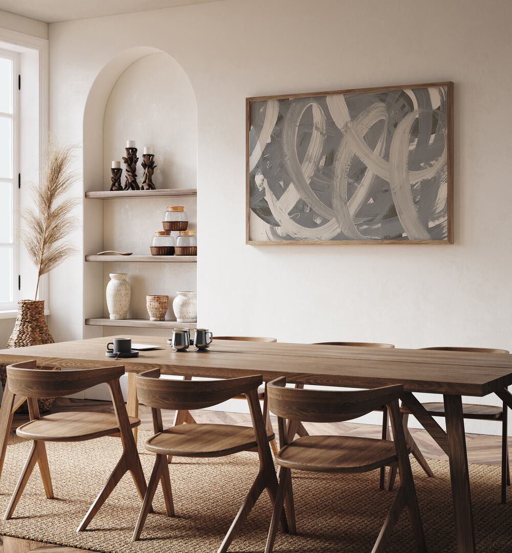 Stylish dining space featuring TRAILS BEHIND, ABSTRACT PAINTINGS, enhancing both durability and artistic appeal.