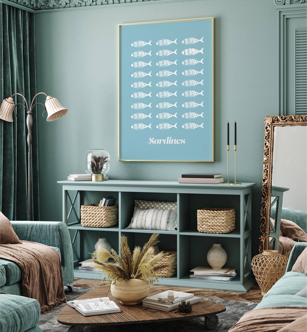 SARDINES WHITE, BEACH PAINTINGS adorn a stylish coastal living room, perfect for ocean lovers seeking tranquility.