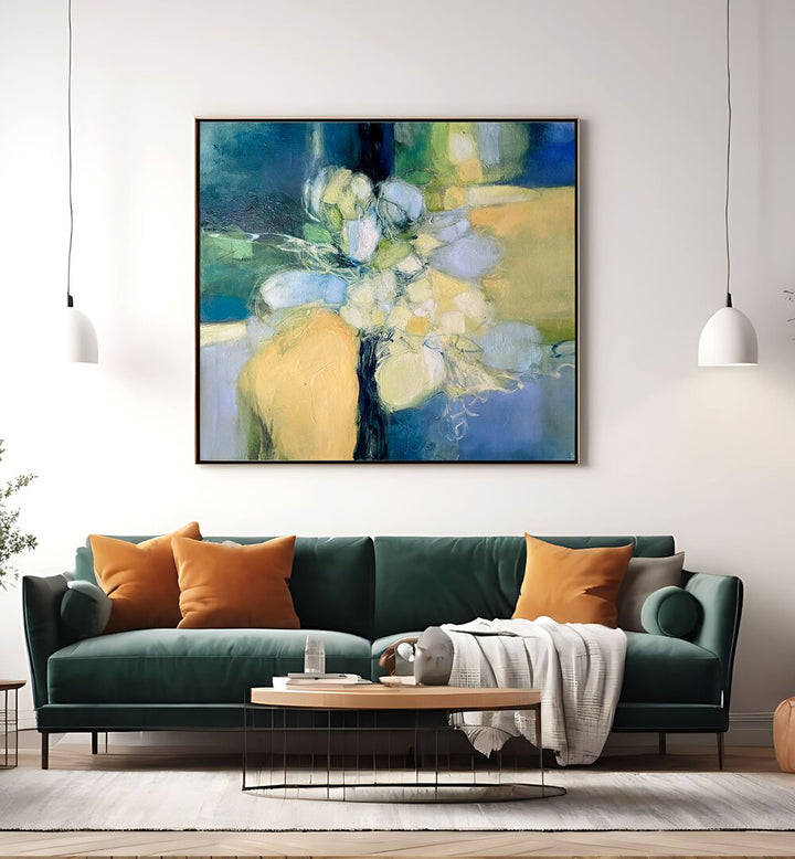 Vibrant SNAPDRAGON, ABSTRACT PAINTINGS adorn a chic living room, enhancing modern decor with artistic flair.