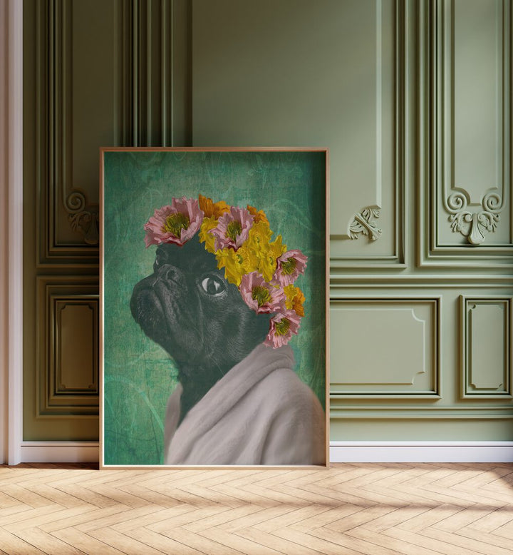 Charming PUG PORTRAIT, FASHION POSTERS with a floral crown, perfect for pug lovers' home decor.